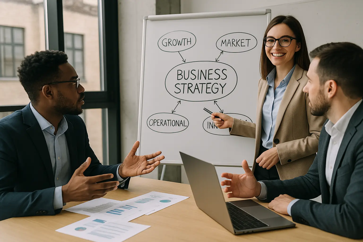 Business professionals collaborating over strategy documents and digital tablets, symbolizing Ugosay’s consulting services for strategic planning and business growth.
