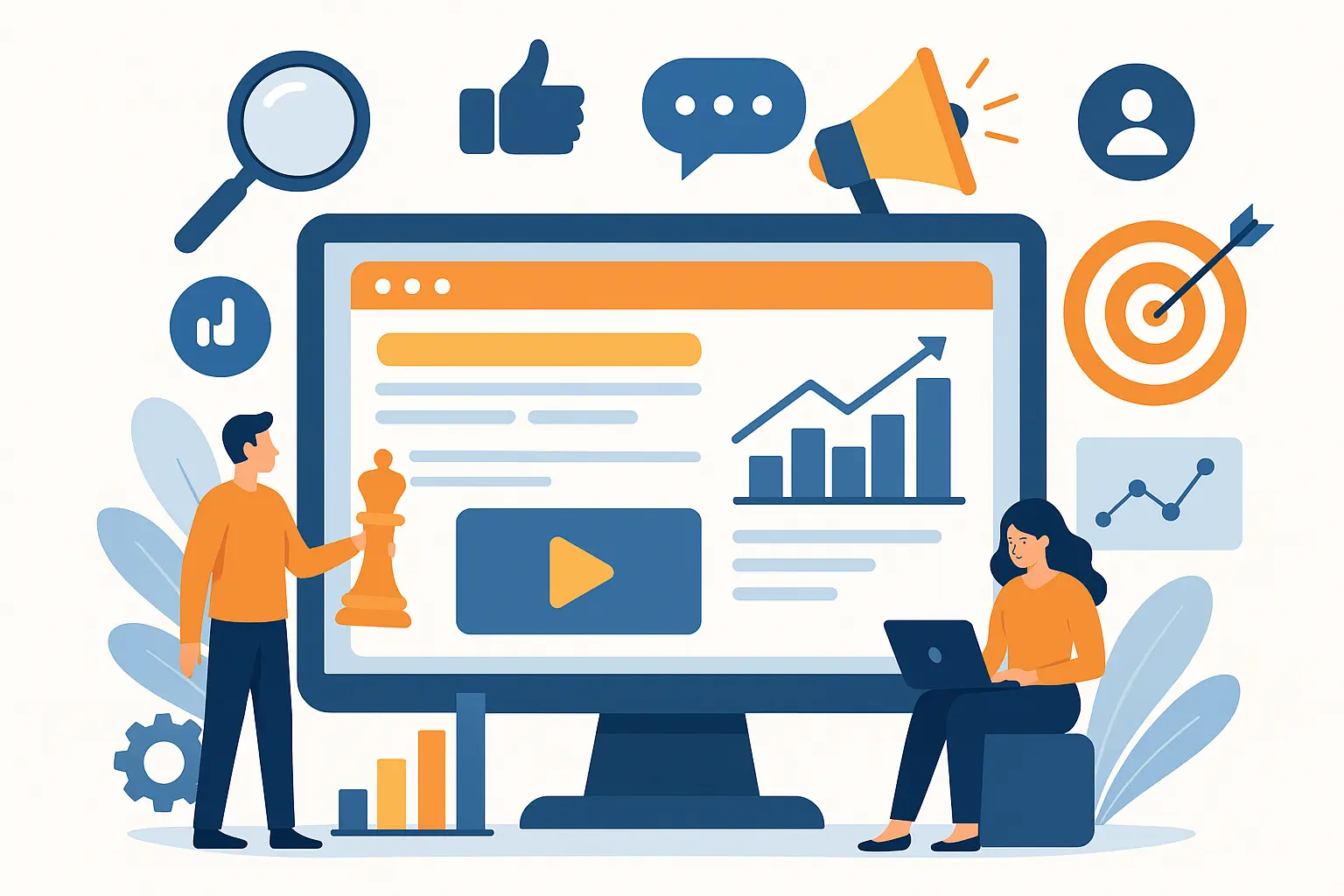 A digital marketer working on a laptop with SEO, social media, and analytics icons surrounding them, representing Ugosay’s digital marketing services for online growth.