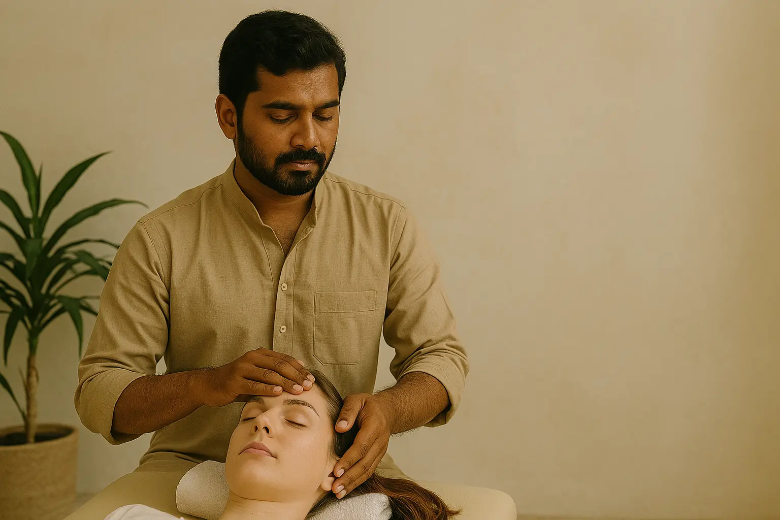 A holistic therapist applying Varmam point therapy to a patient in a peaceful setting, illustrating Ugosay’s Varmakkalaiyil Physiotherapy service for healing and energy balance.